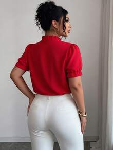 Elenzga Plus Size Elegant Solid Color Turndown Collar Blouse For Commuting - Red - View 2