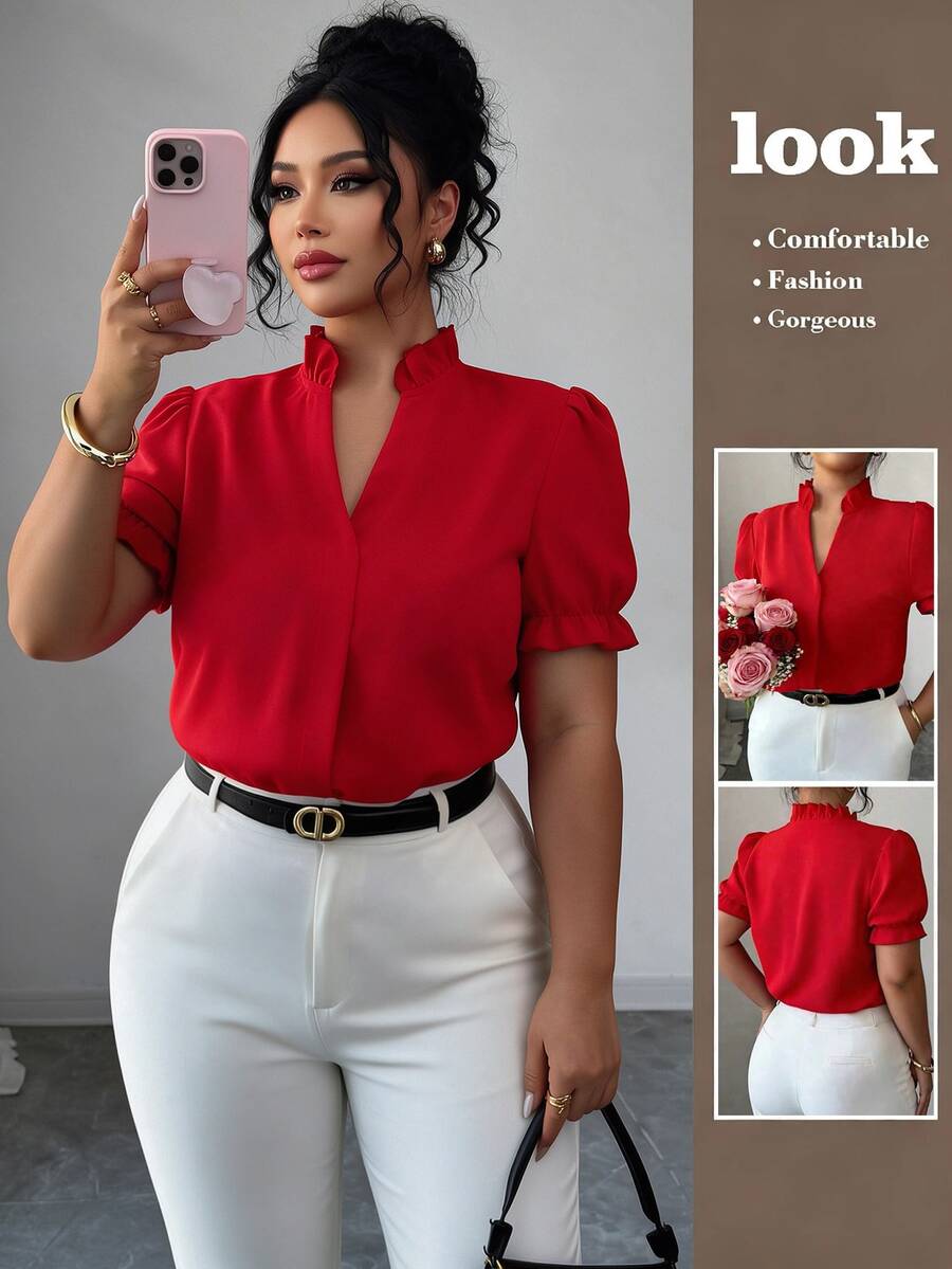 Elenzga Plus Size Elegant Solid Color Turndown Collar Blouse For Commuting - Red - View 1