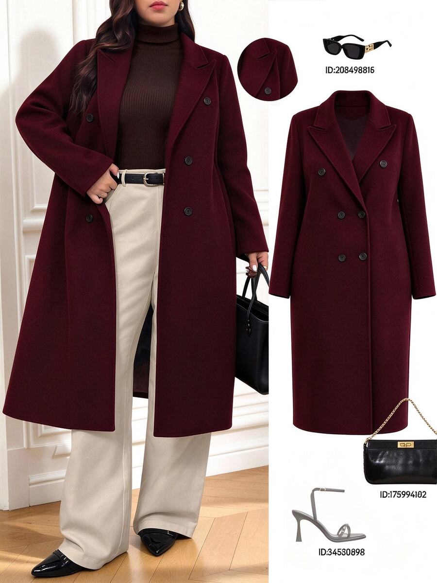 Femmeverse Plus Size Women's Autumn/Winter New Design Sense Coat, High-Quality Wool Blend Long Jacket - Burgundy - View 1