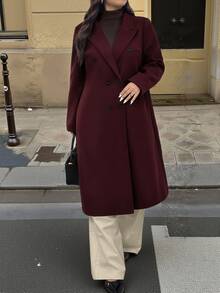 Femmeverse Plus Size Women's Autumn/Winter New Design Sense Coat, High-Quality Wool Blend Long Jacket - Burgundy - View 5