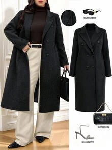 SHEIN LUNE CURVE 大码女式秋冬新款高品质羊毛混纺长款外套 - 灰色 - 查看 1