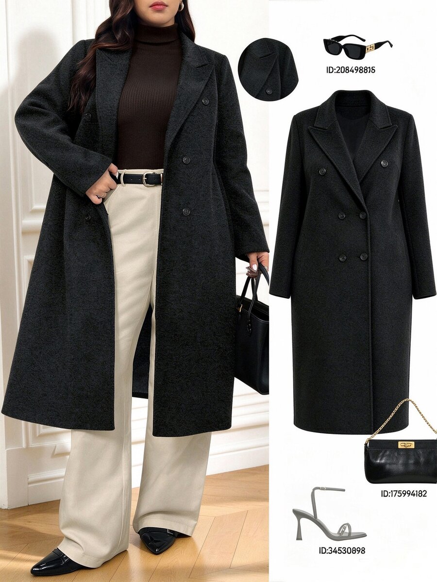 SHEIN LUNE CURVE 大码女式秋冬新款高品质羊毛混纺长款外套 - 灰色 - 查看 1