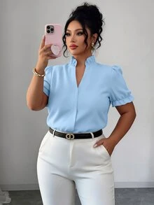Elenzga Plus Size Elegant Solid Color Turndown Collar Blouse For Commuting - Blue - View 3