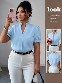 Elenzga Plus Size Elegant Solid Color Turndown Collar Blouse For Commuting - Blue - View 1