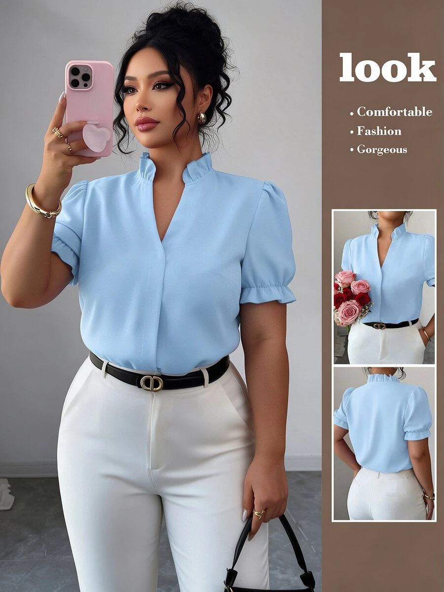 Elenzga Plus Size Elegant Solid Color Turndown Collar Blouse For Commuting - Blue - View 1