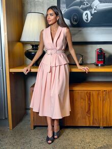 Alya Khalil WOMEN'S SLEEVELESS BELTED MATCHING TOP + PLEATED MIDI SKIRT, COMMUTER OUTFIT - Watermelon Pink - View 4