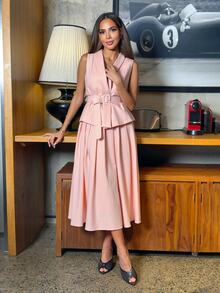 Alya Khalil WOMEN'S SLEEVELESS BELTED MATCHING TOP + PLEATED MIDI SKIRT, COMMUTER OUTFIT - Watermelon Pink - View 5