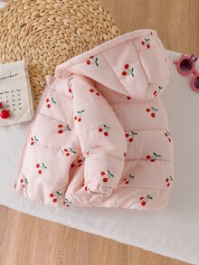 SHEIN 女嬰秋冬甜美櫻桃印花絎縫連帽羽絨夾克長袖拉鍊加厚外套幼兒外衣秋季服飾 - 彩色 - 查看 5