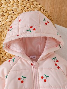 SHEIN 女嬰秋冬甜美櫻桃印花絎縫連帽羽絨夾克長袖拉鍊加厚外套幼兒外衣秋季服飾 - 彩色 - 查看 8