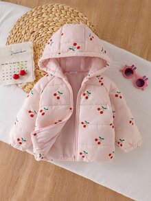 SHEIN 女嬰秋冬甜美櫻桃印花絎縫連帽羽絨夾克長袖拉鍊加厚外套幼兒外衣秋季服飾 - 彩色 - 查看 4