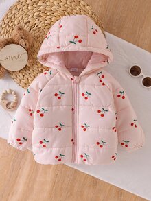 SHEIN 女嬰秋冬甜美櫻桃印花絎縫連帽羽絨夾克長袖拉鍊加厚外套幼兒外衣秋季服飾 - 彩色 - 查看 3