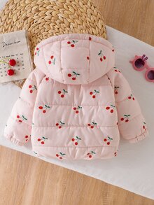 SHEIN 女嬰秋冬甜美櫻桃印花絎縫連帽羽絨夾克長袖拉鍊加厚外套幼兒外衣秋季服飾 - 彩色 - 查看 2
