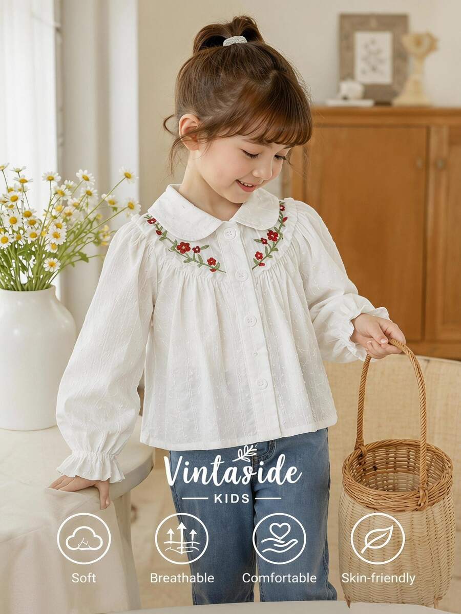 Vintaside Kids SHEIN 嬰兒女童可愛花卉刺繡上衣 提花波點甜美彼得潘領長袖襯衫 幼兒套裝 - 彩色 - 查看 1
