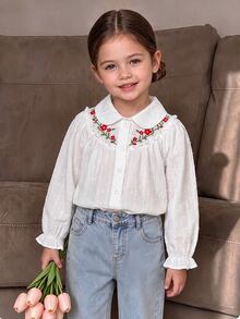 Vintaside Kids SHEIN 嬰兒女童可愛花卉刺繡上衣 提花波點甜美彼得潘領長袖襯衫 幼兒套裝 - 彩色 - 查看 8