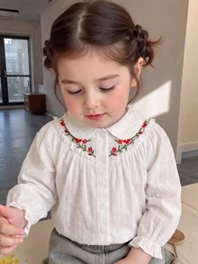 Vintaside Kids SHEIN 嬰兒女童可愛花卉刺繡上衣 提花波點甜美彼得潘領長袖襯衫 幼兒套裝 - 彩色 - 查看 9