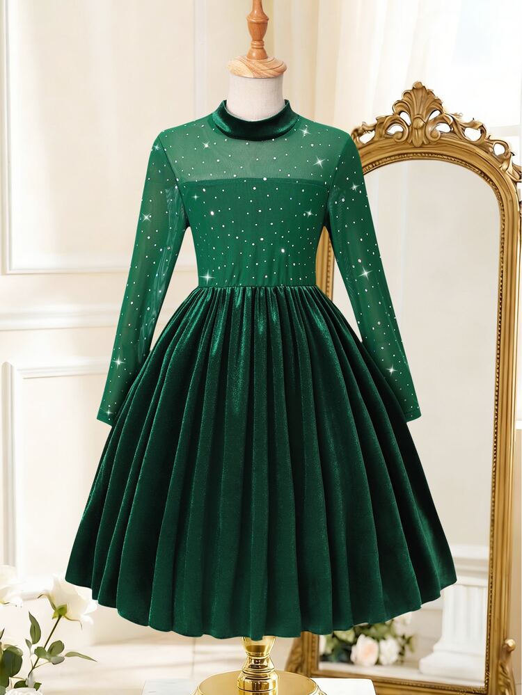 SHEIN Elegant Dark Green Velvet Dress For Girls, Mesh Half High Neck Long Sleeve Spliced Princess Skirt With Full Flare, High Waist A-Line Hem, Birthday - Dark Green - View 8