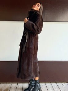 Alya Khalil 奢华复古人造毛皮长袖直腰系带修身冬季外套夹克 - 棕色 - 查看 1
