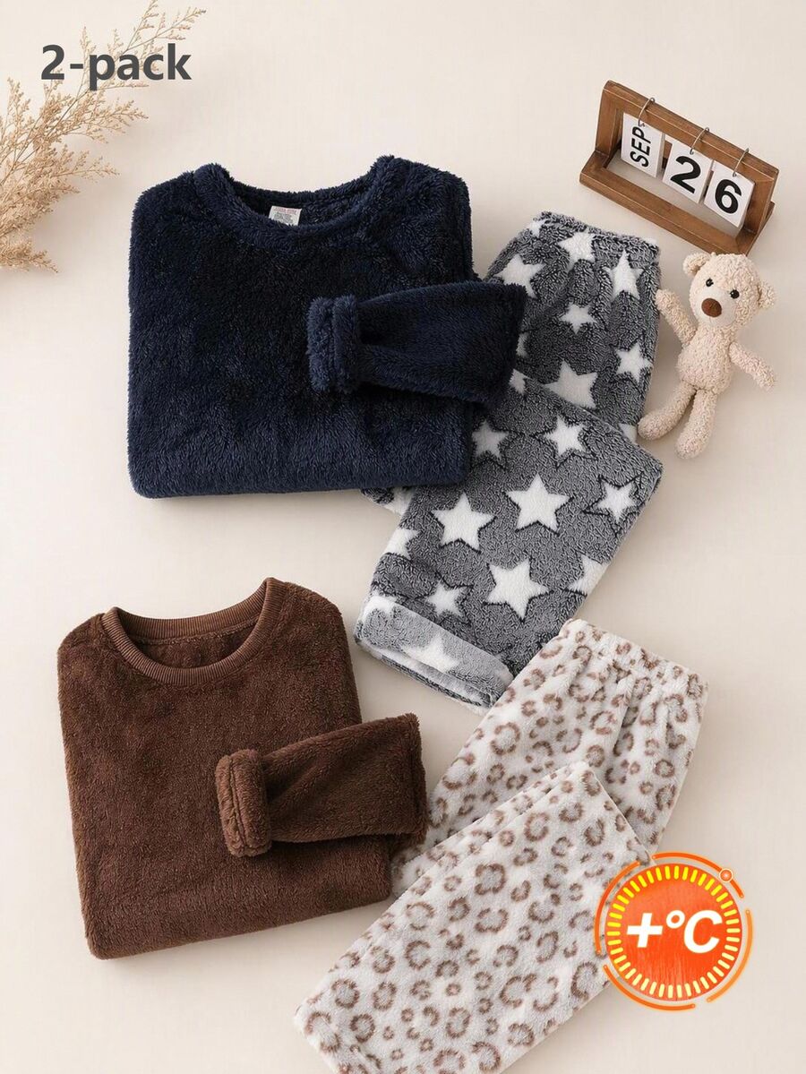 Boys' Fashionable Cute Star Print Pattern Long Sleeve Pants Comfortable Plush Fabric Loungewear Set - Multicolor - View 1