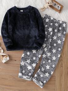 Boys' Fashionable Cute Star Print Pattern Long Sleeve Pants Comfortable Plush Fabric Loungewear Set - Multicolor - View 4