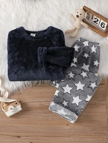 Boys' Fashionable Cute Star Print Pattern Long Sleeve Pants Comfortable Plush Fabric Loungewear Set - Multicolor - View 6