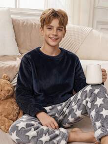 Boys' Fashionable Cute Star Print Pattern Long Sleeve Pants Comfortable Plush Fabric Loungewear Set - Multicolor - View 5