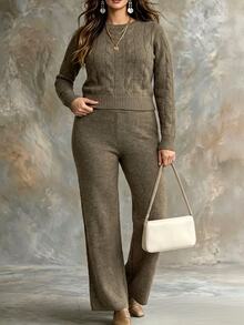 Linhara CURVE Plus Size Solid Cable Knit Sweater & Knit Pants Set Winter - Dark Green - View 5