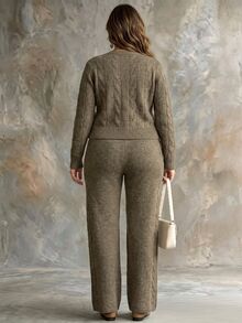 Linhara CURVE Plus Size Solid Cable Knit Sweater & Knit Pants Set Winter - Dark Green - View 2
