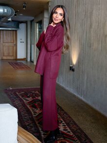 Alya Khalil 2 件套女士立领纯色毛衣和长裤，休闲冬季 - 酒紅色 - 查看 2