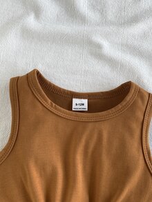 SHEIN Vintaside Kids Baby Girl Summer Knot Hem Tank Top And Striped Paperbag Waist Belted Shorts Set - Brown - View 4