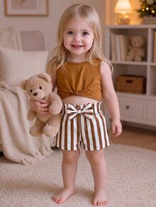 SHEIN Vintaside Kids Baby Girl Summer Knot Hem Tank Top And Striped Paperbag Waist Belted Shorts Set - Brown - View 9