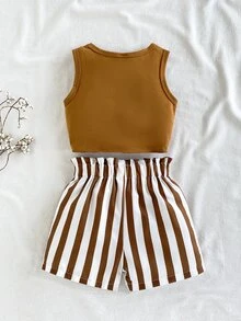 SHEIN Vintaside Kids Baby Girl Summer Knot Hem Tank Top And Striped Paperbag Waist Belted Shorts Set - Brown - View 3