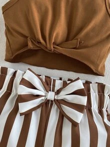 SHEIN Vintaside Kids Baby Girl Summer Knot Hem Tank Top And Striped Paperbag Waist Belted Shorts Set - Brown - View 7