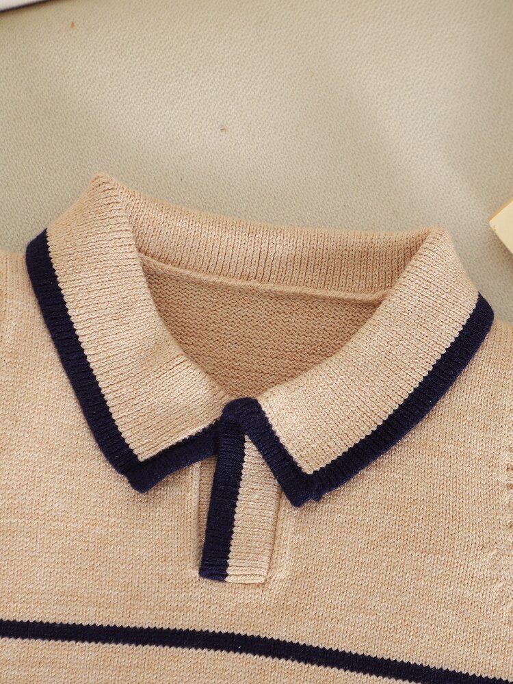 SHEIN Young Girl Young Girl Polo Collar Knitted Vest Navy Blue Striped Contrast Color Turn-Down Collar Sweater Vest Fall Winter Layering Top - Khaki - View 5