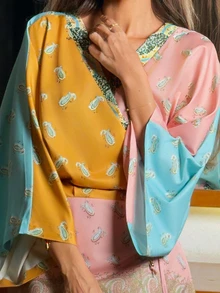 Alya Khalil 波希米亞風全印花透視絲綢迷你洋裝，春夏度假海灘新款 - 珊瑚粉 - 查看 3
