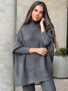 Alya Khalil 女士纯色简约半高领毛衣和裤子 2 件套 - 灰色 - 查看 5