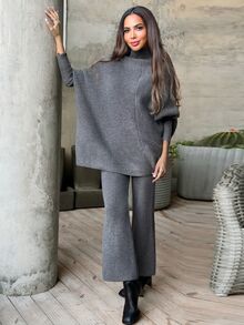 Alya Khalil 女士纯色简约半高领毛衣和裤子 2 件套 - 灰色 - 查看 3