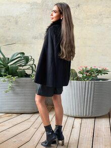 Alya Khalil FUZZY COLLAR CAPE OVERCOAT - Black - View 2