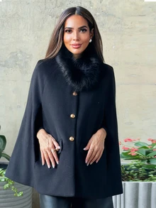 Alya Khalil FUZZY COLLAR CAPE OVERCOAT - Black - View 5