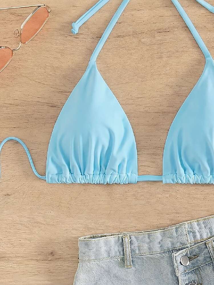 Swim Basics Women's Solid Color Pleated Sexy Halter Neck Tie Swimwear Top For Vacation - Blue - View 5