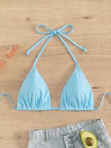 Swim Basics Women's Solid Color Pleated Sexy Halter Neck Tie Swimwear Top For Vacation - Blue - View 6