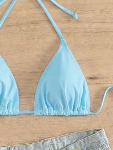 Swim Basics Women's Solid Color Pleated Sexy Halter Neck Tie Swimwear Top For Vacation - Blue - View 4