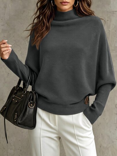 LUMIGAL Women's New Autumn/Winter Fine Ribbed Texture Semi-High Neck Batwing Sleeve Ribbed Waist Side Metal Buckle Fashion Elegant Commuter Style Versatile Sweater