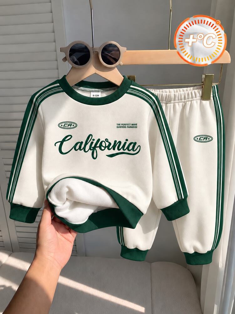 SHEIN 2pcs Toddler Boy Sweatshirt Jogger Preppy Beige Green Letter Print Stripe Long Sleeve Round Neck Thick Fleece Outdoor Fall Holiday Cozy Jogging Active - Dark Green - View 1