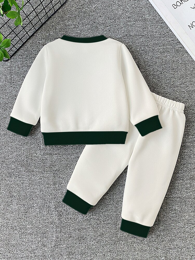 SHEIN 2pcs Toddler Boy Sweatshirt Jogger Preppy Beige Green Letter Print Stripe Long Sleeve Round Neck Thick Fleece Outdoor Fall Holiday Cozy Jogging Active - Dark Green - View 2