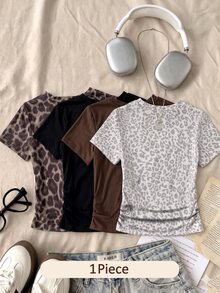 SHEIN 1 Piece Tween Girls Leopard Print Ruched Short Sleeve T-Shirt, 4 Styles Randomly Sent 1pc, Summer Slim Fit School Brown Casual - Multicolor - View 3