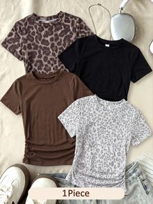 SHEIN 1 Piece Tween Girls Leopard Print Ruched Short Sleeve T-Shirt, 4 Styles Randomly Sent 1pc, Summer Slim Fit School Brown Casual - Multicolor - View 2
