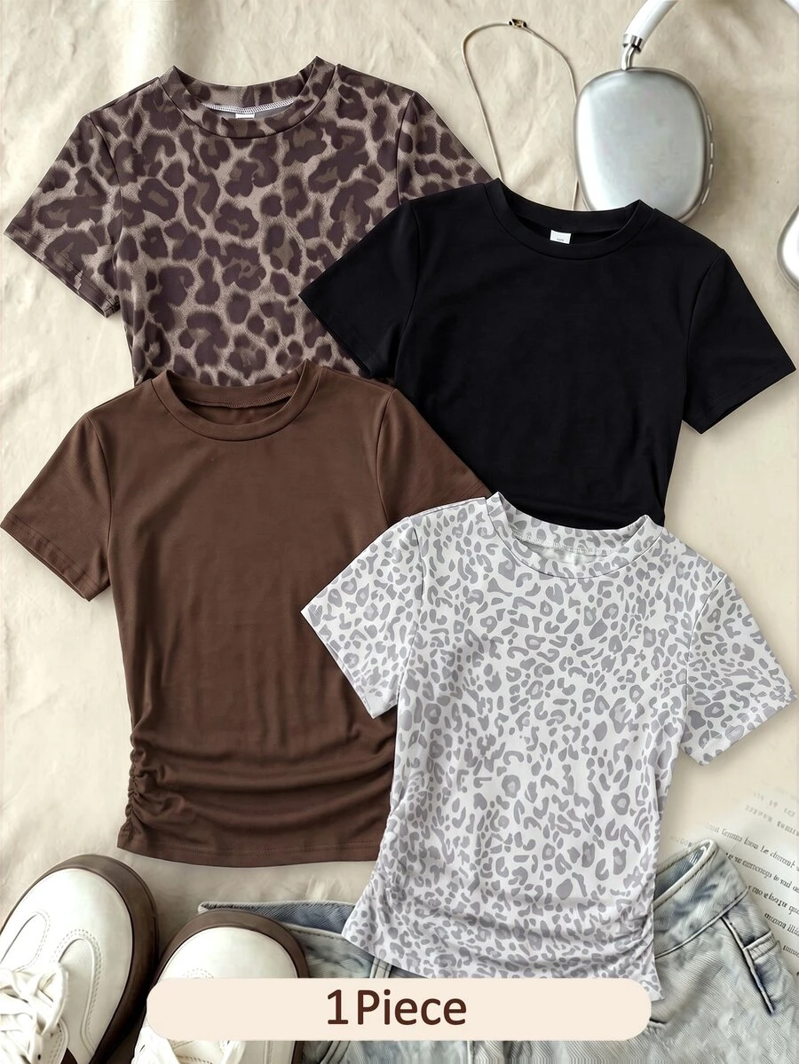 SHEIN 1 Piece Tween Girls Leopard Print Ruched Short Sleeve T-Shirt, 4 Styles Randomly Sent 1pc, Summer Slim Fit School Brown Casual