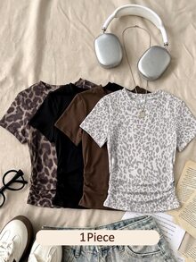 SHEIN 1 Piece Tween Girls Leopard Print Ruched Short Sleeve T-Shirt, 4 Styles Randomly Sent 1pc, Summer Slim Fit School Brown Casual - Multicolor - View 4