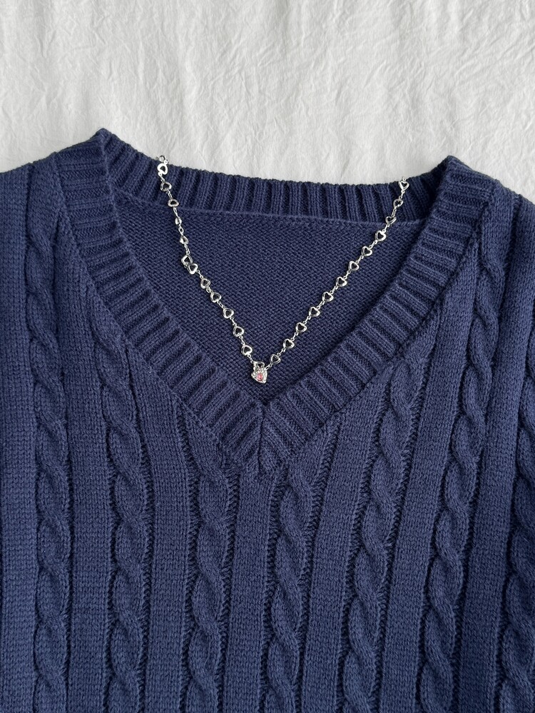 SHEIN Teen Girl Teen Girls Sweaters Basic,V-Neck Autumn - Navy Blue - View 4