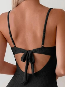 SHEIN Swim Women's Solid Color Textured Fabric Beaded Decor Sexy One-Piece Swimsuit For Beach Vacation - Black - View 6